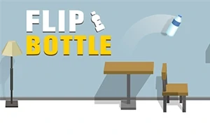 Nápis FLIP BOTTLE na modrom pozadí s prekážkami zloženými zo stola, stoličky a lampy, vedľa letiacej fľaše