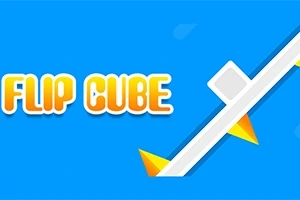 Názov „Flip Cube“ vedľa bielej naklonenej platformy s oranžovými hrotmi na modrom pozadí
