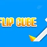 Názov „Flip Cube“ vedľa bielej naklonenej platformy s oranžovými hrotmi na modrom pozadí
