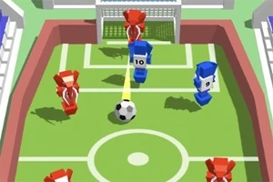 Moderne 3D postavičky v červenej a modrej farbe hrajú futbal na malej ihriskovej ploche