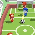 Moderne 3D postavičky v červenej a modrej farbe hrajú futbal na malej ihriskovej ploche