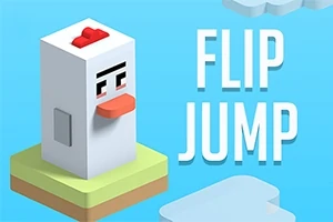 Pixelová kockovaná postava kurčaťa na farebnom ostrovčeku s nápisom FLIP JUMP na modrom pozadí
