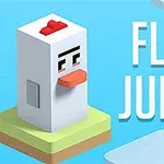 Pixelová kockovaná postava kurčaťa na farebnom ostrovčeku s nápisom FLIP JUMP na modrom pozadí
