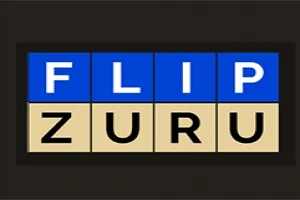 Dvojriadková mriežka s modrými a béžovými dlaždicami, na ktorých sú písmená vytvárajúce slová FLIP a ZURU