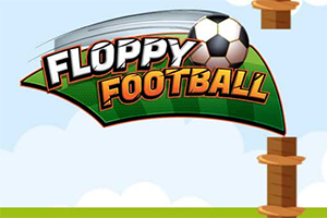 Logo s futbalovou loptou a nápisom Floppy Football na zelenom pozadí s oblakmi a dvoma drevenými stĺpmi