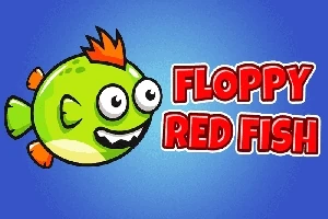 Zelená kreslená rybka s oranžovými plutvami a výraznými očami vedľa nápisu FLOPPY RED FISH na modrom pozadí