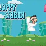 Kreslený muž v toalete letí medzi prekážkami na zelenej lúke s modrou oblohou