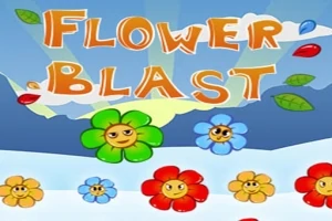 Veľké farebné kvety s usmievajúcimi sa tvárami na modrom pozadí s oranžovým nápisom Flower Blast