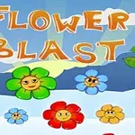 Veľké farebné kvety s usmievajúcimi sa tvárami na modrom pozadí s oranžovým nápisom Flower Blast