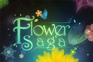 Nápis Flower Saga je obklopený kvetmi, motýľom a farebnými prvkami na tmavom pozadí