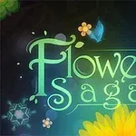 Nápis Flower Saga je obklopený kvetmi, motýľom a farebnými prvkami na tmavom pozadí