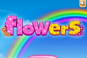 Nápis flowers v ružovo-žltých písmenách s kvetinovým motívom na pozadí dúhy a modrej oblohy