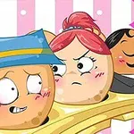 Karikatúrne postavičky s rôznymi výrazmi tváre, medzi ktorými je jedna s modrou čiapkou a druhá s červenými vlasmi, na ružovo-bielom pruhovanom pozadí