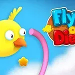 Žltý vtáčik s veľkými očami letí popri ružovej slučke na modrej oblohe, vedľa loga Fly or Die