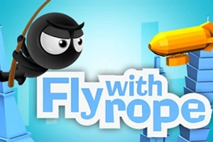 Čierna postavička s lanom sa hojdá nad modro-žltým vzducholodím a modrými budovami na pozadí nápisu Fly with rope