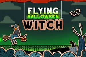 Čarodejnica na metle s tekvicou, čierna mačka, netopier, hrob v strašidelnej scéne s nápisom “Flying Halloween Witch” na animovanom pozadí