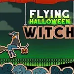 Čarodejnica na metle s tekvicou, čierna mačka, netopier, hrob v strašidelnej scéne s nápisom “Flying Halloween Witch” na animovanom pozadí