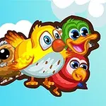 Štylizované kreslené vtáky rôznych farieb letia spolu na modrom pozadí s oblakmi