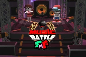Dvaja animovaní postavičky na pódiu s reproduktormi a logom Music Battle v popredí