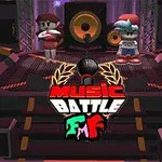 Dvaja animovaní postavičky na pódiu s reproduktormi a logom Music Battle v popredí