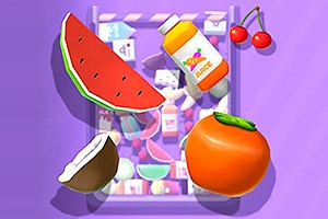 Melón, kokos, pomaranč, džús a čerešne na fialovom pozadí