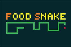 Nápis FOOD SNAKE v žltom a oranžovom pixlovom písme nad zeleným hadíkom na tmavomodrom pozadí