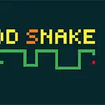 Nápis FOOD SNAKE v žltom a oranžovom pixlovom písme nad zeleným hadíkom na tmavomodrom pozadí