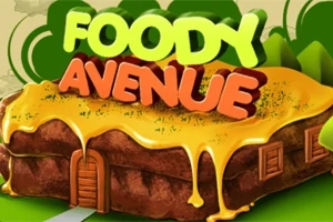 Nápis FOODY AVENUE na pozadí koláča s polevou a drevenými dverami