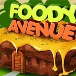 Nápis FOODY AVENUE na pozadí koláča s polevou a drevenými dverami