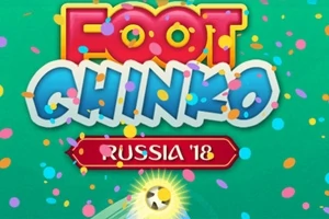 Farebný nápis s textom Foot Chinko na zelenom pozadí s farebnými konfetiami a futbalovou loptou