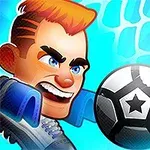 Karikatúrna postava s oranžovými vlasmi chytá futbalovú loptu pred sieťou