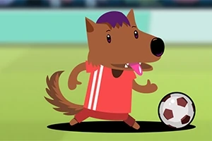 Kreslený vlk v červenom drese hrá futbal s loptou na zelenej ploche
