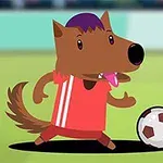 Kreslený vlk v červenom drese hrá futbal s loptou na zelenej ploche