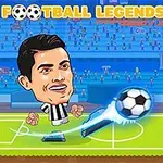 Dvaja kreslení futbalisti s veľkými hlavami, jeden v čiernobielom drese a druhý v červeno-bielom, hrajú na ihrisku s veľkou loptou