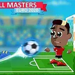 Dvaja animovaní futbalisti hrajú futbal na ihrisku s výraznou loptou, v pozadí je štadión a nápis Football Masters Euro 2020