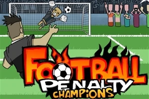Ilustrácia z futbalového zápasu so strieľajúcim hráčom, brankár v skoku pred bránou, s nápisom „Football Penalty Champions“ v popredí
