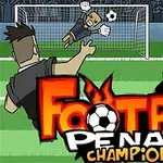 Ilustrácia z futbalového zápasu so strieľajúcim hráčom, brankár v skoku pred bránou, s nápisom „Football Penalty Champions“ v popredí