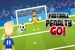 Animovaný hráč v modrom drese pripravuje penaltu proti brankárovi v oranžovom drese pred bránou