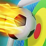 Futbalová lopta letiaca v plameňoch smerom do terča na futbalovej bránke