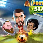 Dvaja kreslení futbalisti s veľkými hlavami bojujú o horiacu futbalovú loptu na osvetlenom štadióne