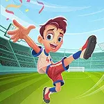 Chlapec v športovom drese kopajúci loptu na futbalovom ihrisku so štadiónom v pozadí