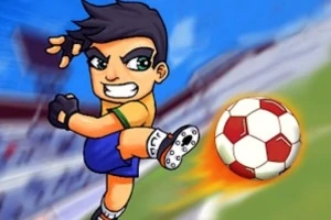 Kreslená postavička s čiernymi vlasmi v modrých šortkách a žltej mikine kope do futbalovej lopty na ihrisku