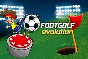 Kreslená postava odkopáva loptu so šachovnicovým vzorom smerom k vlajke a jamke na zelenej tráve, s nápisom FOOTGOLF evolution