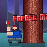 Bradatý muž v modrej košeli s červenou čiapkou držiaci sekeru stojí pri veľkom strome v pixelovej grafike s nápisom Forest Man