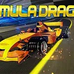 Ilustrácia pretekárskeho auta vo výrazných oranžových a žltých farbách na dráhe s nápisom Formula Drag