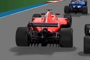 Červený formulový závodný automobil jazdí po závodnej dráhe, sprevádzaný modrým a tmavým autom v pozadí
