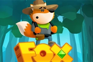 Líška v klobúku stojaca na veľkom nápise FOX v zalesnenom prostredí