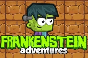 Kreslená postavička Frankensteina so zelenou pokožkou a šróbom v hlave pred kamenným pozadím s nápisom Frankenstein Adventures
