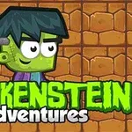Kreslená postavička Frankensteina so zelenou pokožkou a šróbom v hlave pred kamenným pozadím s nápisom Frankenstein Adventures
