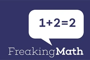 Rečová bublina na fialovom pozadí s matematickým výrazom 1+2=2 a textom Freaking Math naspodku